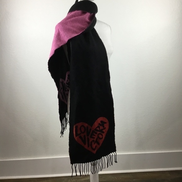 VICTORIA’S Secret Love Victoria Fringed Red Pink Black Color Block Scarf - Picture 8 of 10